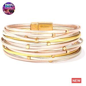 Boho Stackable Leather Wrap Bracelet with Magnetic Clasp Layered Strand